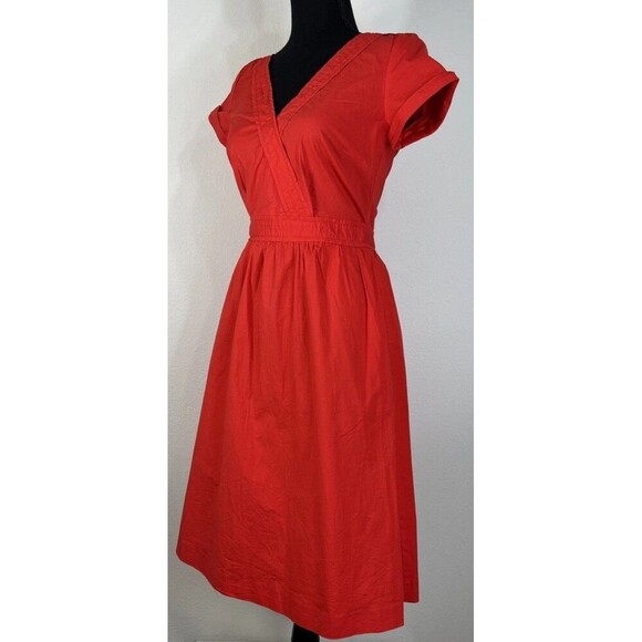 J. Crew Short Sleeve Cotton Poplin Red Orange Midi Dress Size 00 - Picture 10 of 14